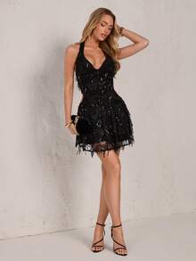 SHEIN Glamour Đầm ngắn dự tiệc/hẹn hò thời trang dành cho nữ, đính sequin và tua rua, cổ buộc dây. - màu đen - Xem 4