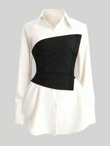 Franclia Elegant Patchwork Casual Long Sleeve Shirt - Black - View 3