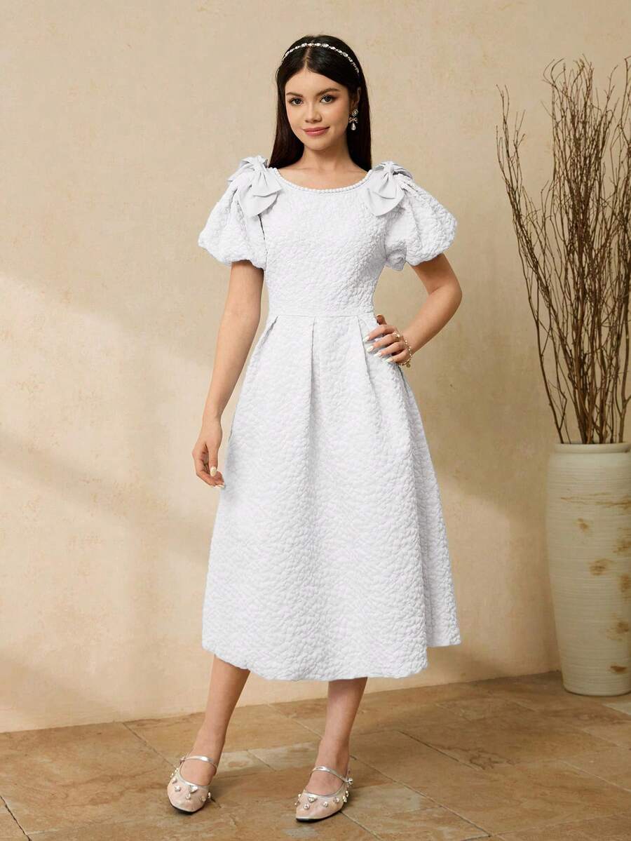 少女圆领向日葵提花纹理面料腰部系带蝴蝶结短花瓣袖优雅派对婚礼礼服 - 杏色 - 查看 1