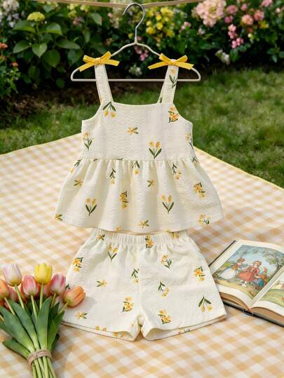Souflis Souflis 2pcs Baby Girl Toddler/Newborn 0-3Y Casual Floral Print Camisole Top + Shorts Set, Decorated With Yellow 3D Bow, Fashionable & Sweet, Cute & Casual, Suitable For School, Play And More Occasions