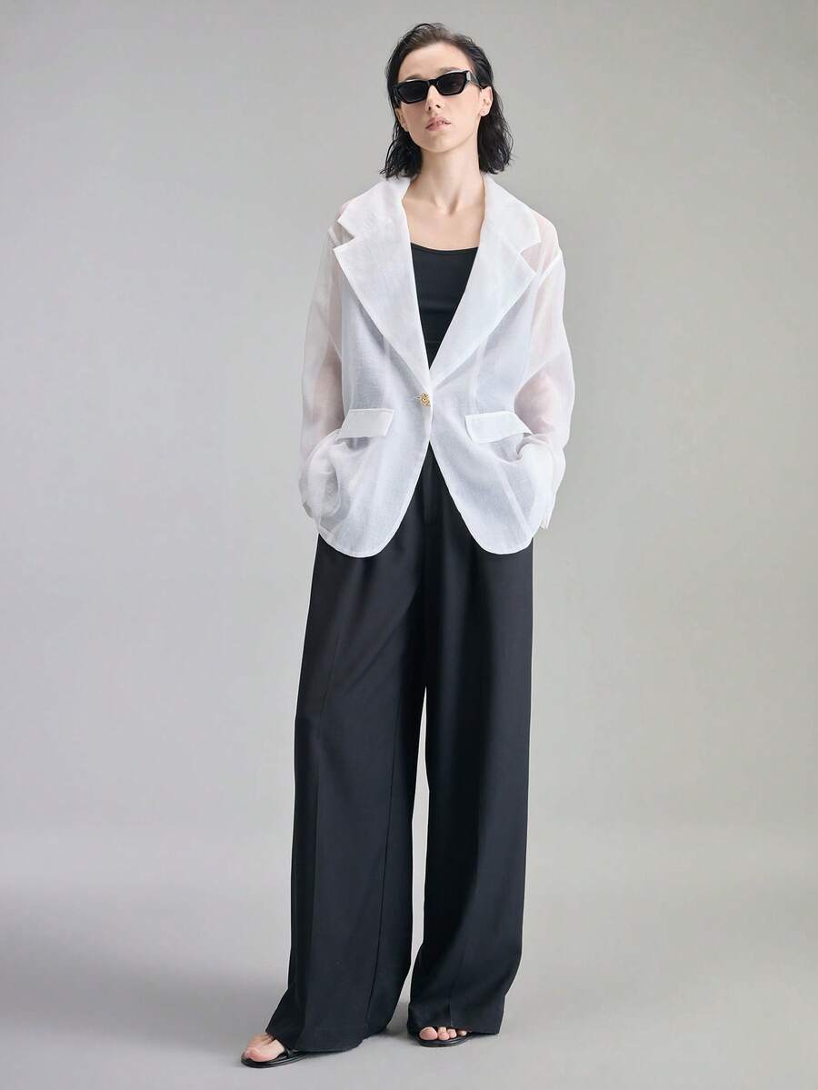 Ontre 2026春夏女式翻领长袖单扣薄款西装外套，梭织面料，适合情人节、婚礼季、办公穿着、度假装扮，白色上衣 - 白色 - 查看 1