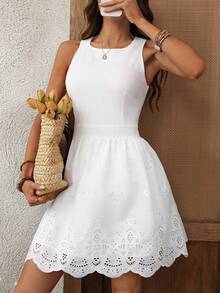 EMERY ROSE Women's Hollow Out Embroidery Round Neck Casual Sleeveless Mini Dress, Suitable For Vacation - Multicolor - View 1