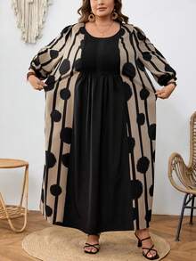 SHEIN CURVE+ Váy cỡ US22 dành cho người có thân hình đầy đặn, thích hợp cho lễ hội âm nhạc, kỳ nghỉ bên bờ biển, phong cách bohemian phối màu, thích hợp cho kỳ nghỉ thường ngày. - Đen và trắng - Xem 4
