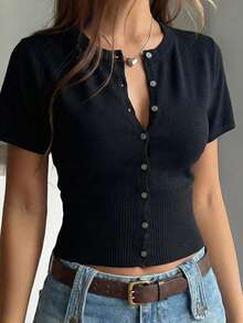 SHEIN EZwear Áo khoác cardigan tay ngắn màu đen dáng ôm, đa năng cho mùa xuân/hè. - màu đen - Xem 2