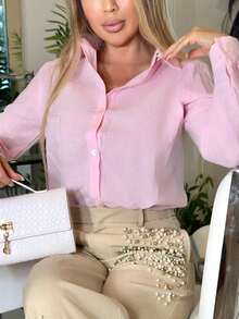 Cioccolato 女士经典露肩商务衬衫，长袖，纽扣开襟，粉色，适合办公室通勤穿着，优雅商务休闲上衣 - 粉色 - 查看 6