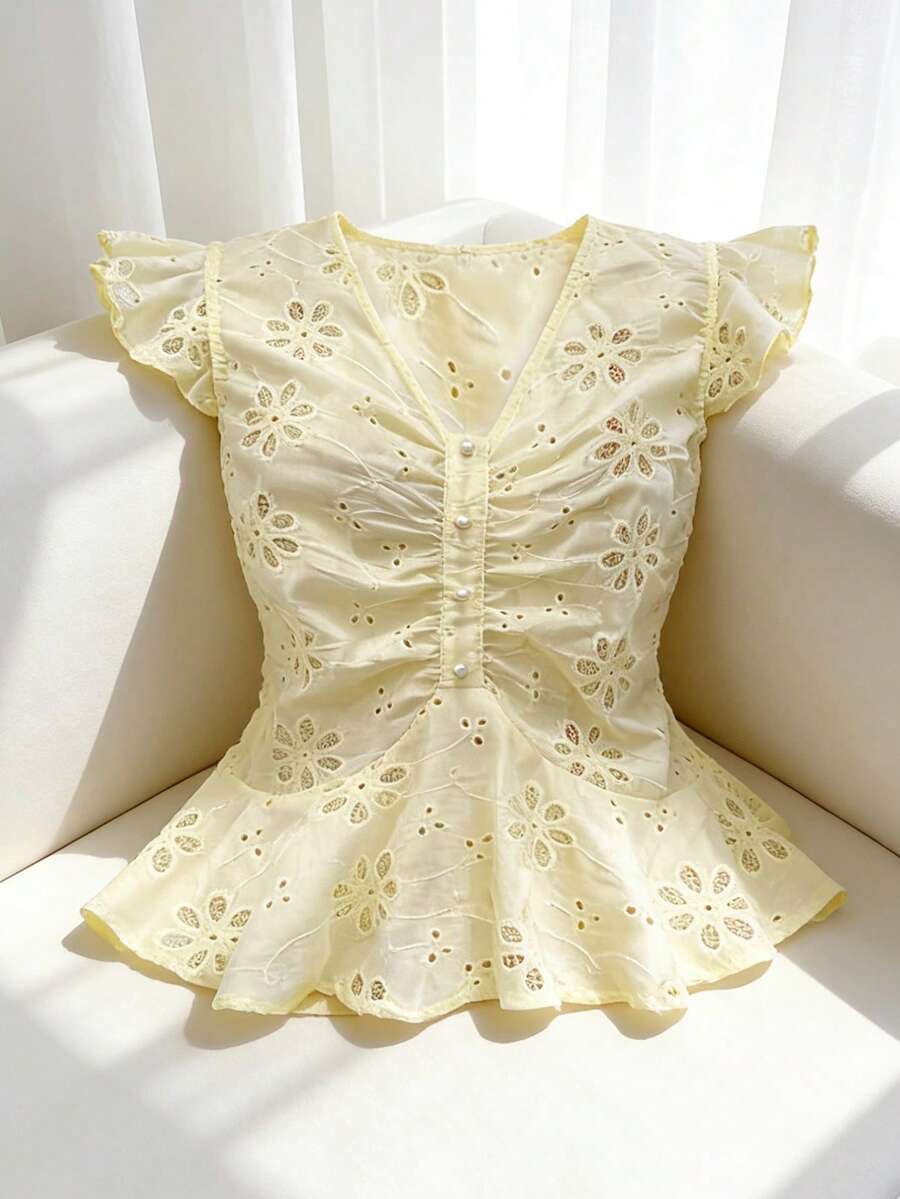 GlowEve Women's Embroidered Hollow-Out Vacation Shirt - Yellow - View 1