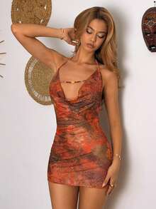 EgrlEra 街头风女式网纱透视性感V领无袖露背吊带迷你连衣裙，夏季 - 橘色 - 查看 6