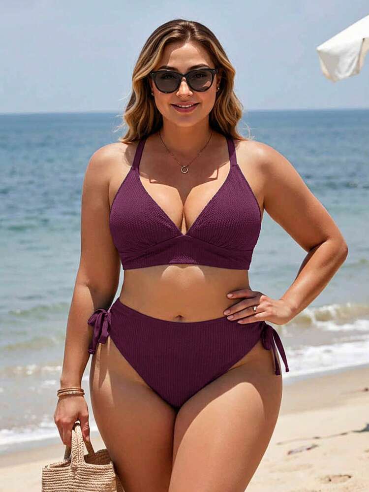 SHEIN Swim Vcay 大码可调节纹理面料泳衣套装 - 紫色 - 查看 1