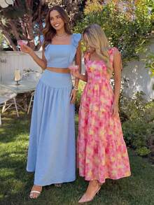 KARISMINA Đầm midi hai dây in hoa thanh lịch, lãng mạn, thích hợp cho kỳ nghỉ hè, dành cho nữ, phong cách thường ngày, thích hợp cho mùa xuân/hè. - Hồng - Xem 8