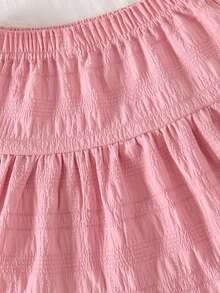 SHEIN Genkimix Kids 春夏新款休闲自然风可爱刺绣花卉短袖T恤搭配格纹迷你裙套装 - 珊瑚粉 - 查看 5