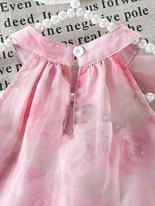 Young Girls: Cute & Elegant Pink Princess Floral Print Sleeveless Tulle Tank Top & Shorts 3-Piece Set With Hat, Beach Vacation Style, Suitable For Spring, Summer & Autumn - Pink - View 4