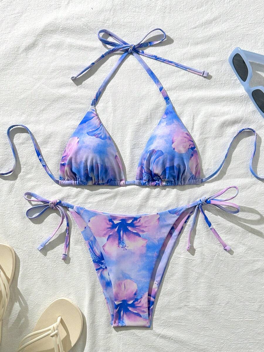 Swim Vcay 女士性感随机印花挂脖系带比基尼套装，夏季 - 藍色 - 查看 1