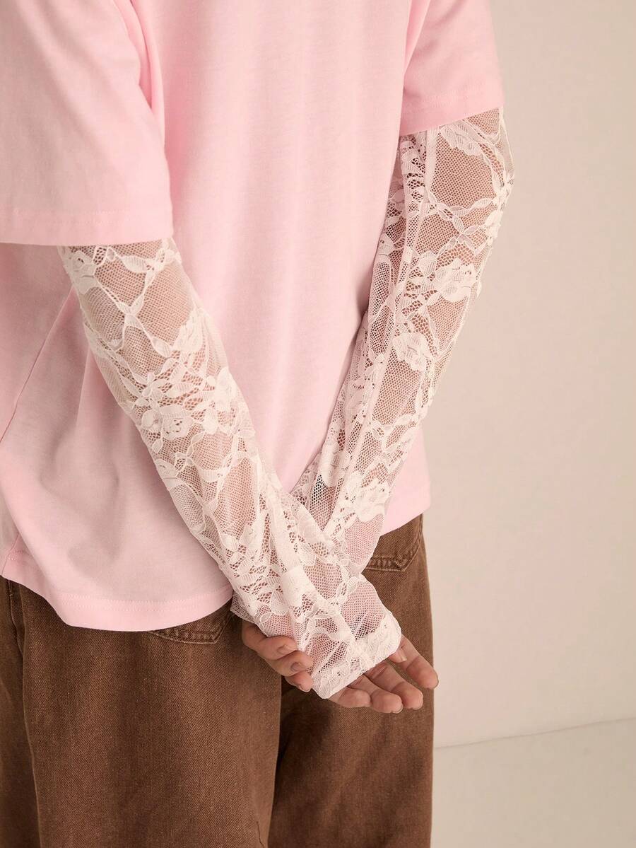 Easelle Women's Color Block Lace Patchwork Crew Neck Long Sleeve T-Shirt Casual Summer Spring Going Out Pink Top - Pink - View 1