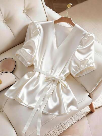 GlowEve Women's Summer French Elegant Pearl White Satin V-Neck Petal Sleeve Belted Loose Blouse