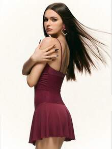 INAWLY Đầm hè nữ thanh lịch với ren tương phản, vạt áo bất đối xứng xếp nếp, dây mảnh. - Màu Đỏ Sâu - Xem 5