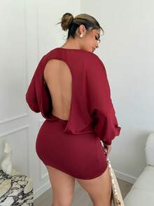 Maria Perezxox Váy cánh dơi hở lưng dài tay màu đỏ rượu vang trơn mới thu/đông dành cho nữ, váy ngắn gợi cảm phong cách Giáng sinh - Màu Đỏ Sâu - Xem 3