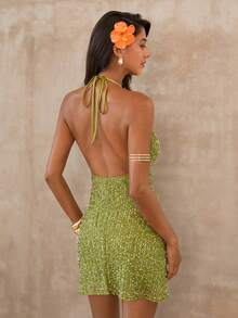 SHEIN Glamour 新款女士浅绿色亮片性感露背吊带迷你连衣裙 - 綠色 - 查看 2