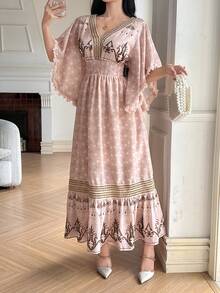 DAZY Vestido midi de mujer con parches florales fruncidos, mangas con flecos y volantes, vestido de verano bohemio de primavera/verano - Rosa - Ver 5
