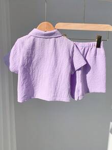 SHEIN 2 st babypojke sommar casual semester lila skjorta och shorts set - Multifärgad - Visa 2