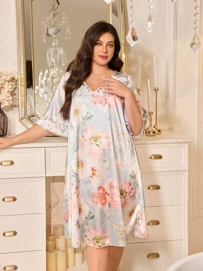 复古法式优雅精致花卉刺绣V领荷叶边大码睡裙