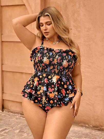 Swim Vcay New Summer Beach Vacation Floral Print Bandeau Slimming Sweet Romantic Vacation Slim Plus Size Women's Tankini Swimsuit