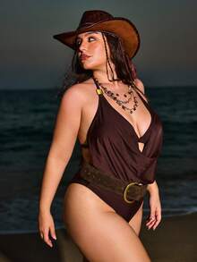 Swim Vcay New Elegant Plus Size Draped Neck Bohemian Bikini Top, Slimming Beach Vacation - Brown - View 3