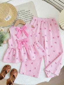 两件套少女碎花背心和宽松休闲裤套装 - 粉色 - 查看 1