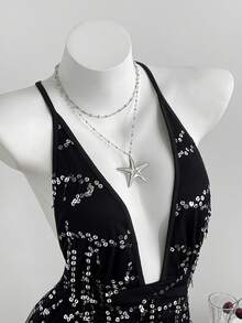 Elamini Sexy Sassy Fringed Sequin Sheer Mesh Criss-Cross Deep V Backless Jumpsuit, Fitted A-Line, Spring/Summer - Black - View 3