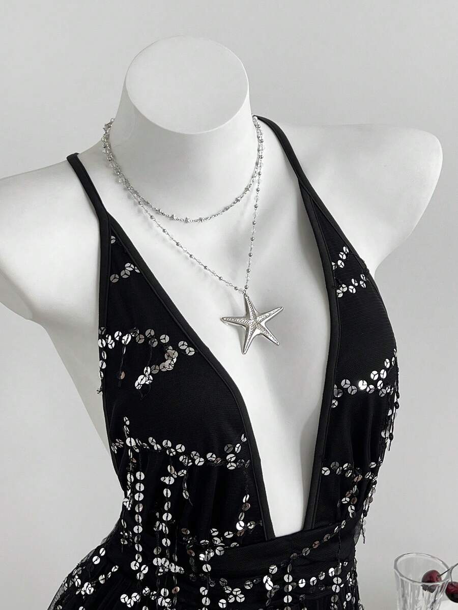 Elamini Sexy Sassy Fringed Sequin Sheer Mesh Criss-Cross Deep V Backless Jumpsuit, Fitted A-Line, Spring/Summer - Black - View 1