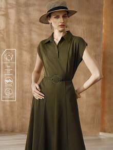 Revavyn 女士V领蝙蝠袖金属扣系腰A字连衣裙，适合日常通勤 - 綠色 - 查看 1