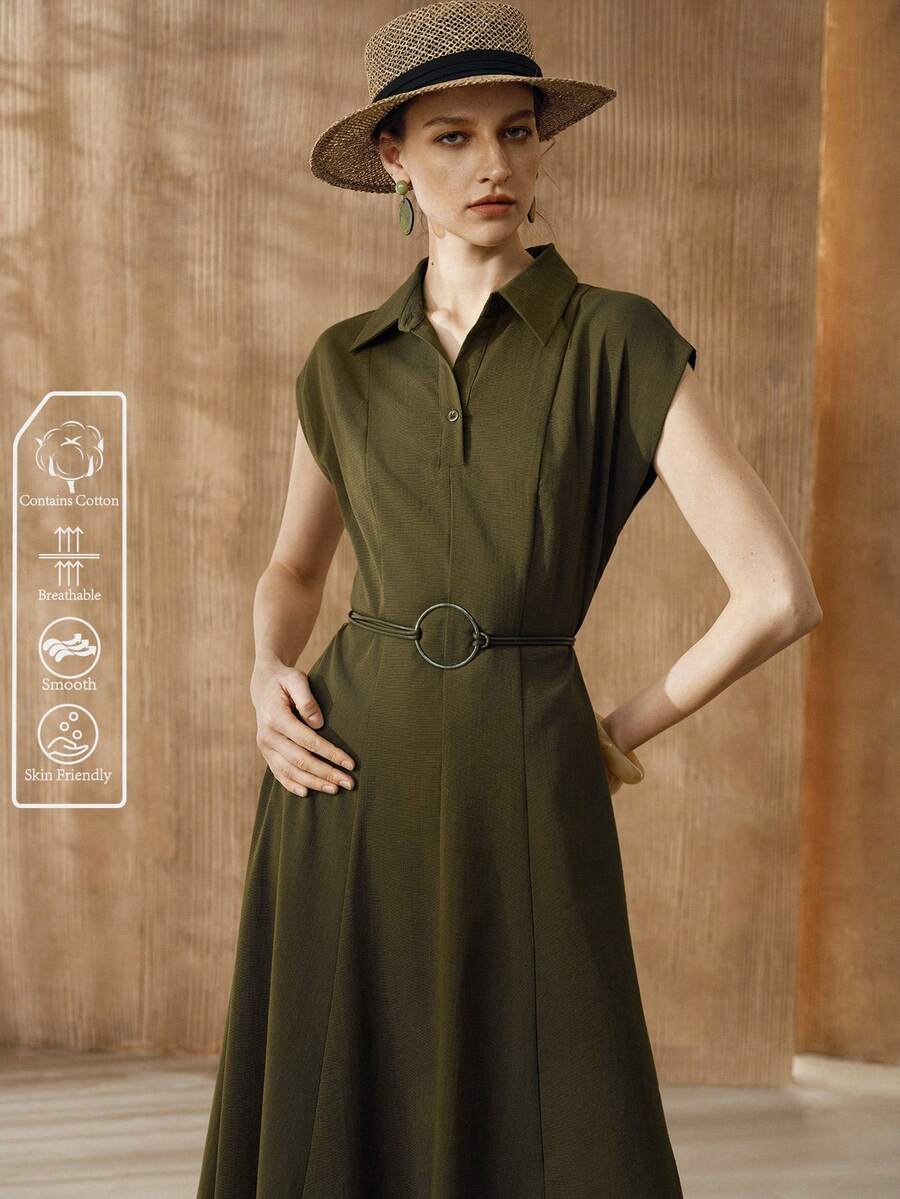 Revavyn 女士V领蝙蝠袖金属扣系腰A字连衣裙，适合日常通勤 - 綠色 - 查看 1