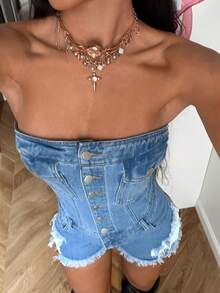 StreetHx 时尚休闲街头风破洞纽扣牛仔连体衣 - 中等水洗藍 - 查看 7