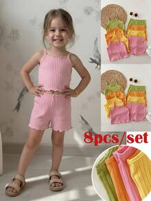 SHEIN 8pcs/Set Young Girl Solid Color Knit Camisole Top And Shorts Set - Multicolor - View 10