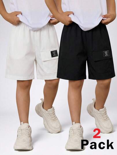 SHEIN 男童休闲舒适时尚白色简约实用百搭黑色柔软短裤套装（2件/套），迷彩短裤，适合日常穿着、上学、外出、运动，春夏秋季皆宜。