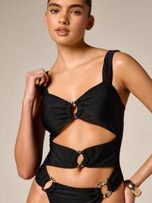 AiiRZ Traje de baño de una pieza con diseño de monokini, detalles de anillo con cortes y tirantes cruzados en la espalda para vacaciones en la playa y piscina en verano - Negro - Ver 6
