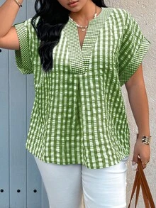SHEIN LUNE Plus Size Women's Spring/Summer Casual Plaid Patchwork Shirt - Green - View 4