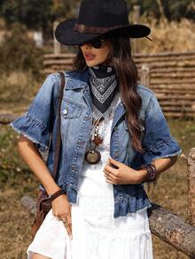 Breezaya 女士荷叶边袖单排扣休闲牛仔外套 - 藍色 - 查看 4