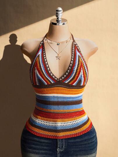 SHEIN ICON Plus Size Retro Sexy Fashionable Individual Beach Leisure Vacation Bohemian Style Colorful Striped V-Neck Halter Neck Slim Fit Knitted Vest