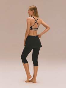 GLOWMODE 17英寸 FeatherFit™ A字型飘逸柔软弹力吸汗侧开衩中长裙式紧身裤，适合低强度瑜伽、普拉提、日常运动穿着 - 黑色 - 查看 3