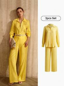 MOTF PREMIUM LINEN POCKET SHIRT AND PANTS FOR COMMUTING - Yellow - View 1