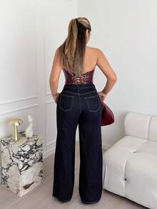 Maria Perezxox Jeans de ajuste holgado con cintura asimétrica para mujer - Azul lavado oscuro - Ver 2