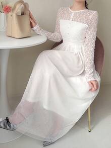 FRIFUL Women's Solid Color Sheer Lace Waist Flared Hem Fitted Casual Dress, Spring/Summer Sundress - Beige - View 4