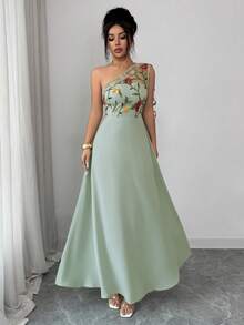 Rafferiza Women's Sophisticated Gray Green Long Dress With Asymmetrical Neck And Beautiful Floral Plant Pattern For Special Occasions - Gray green - View 6