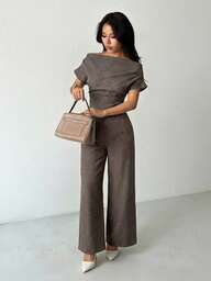 SHEIN PETITE Conjunto feminino de verão, novidade na coleção: blusa de linho simples e elegante para uso diário, com gola ampla e ombros à mostra, e calça pantalona.