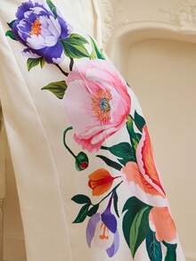 LOTSLUV Conjunto de 2 peças com Top Cropped Solto de Algodão Verde com Estampa Floral de Peônia de Gola Redonda e Sem Mangas e Calça Casual de Perna Larga, Primavera/Verão - Branco - Visão 7