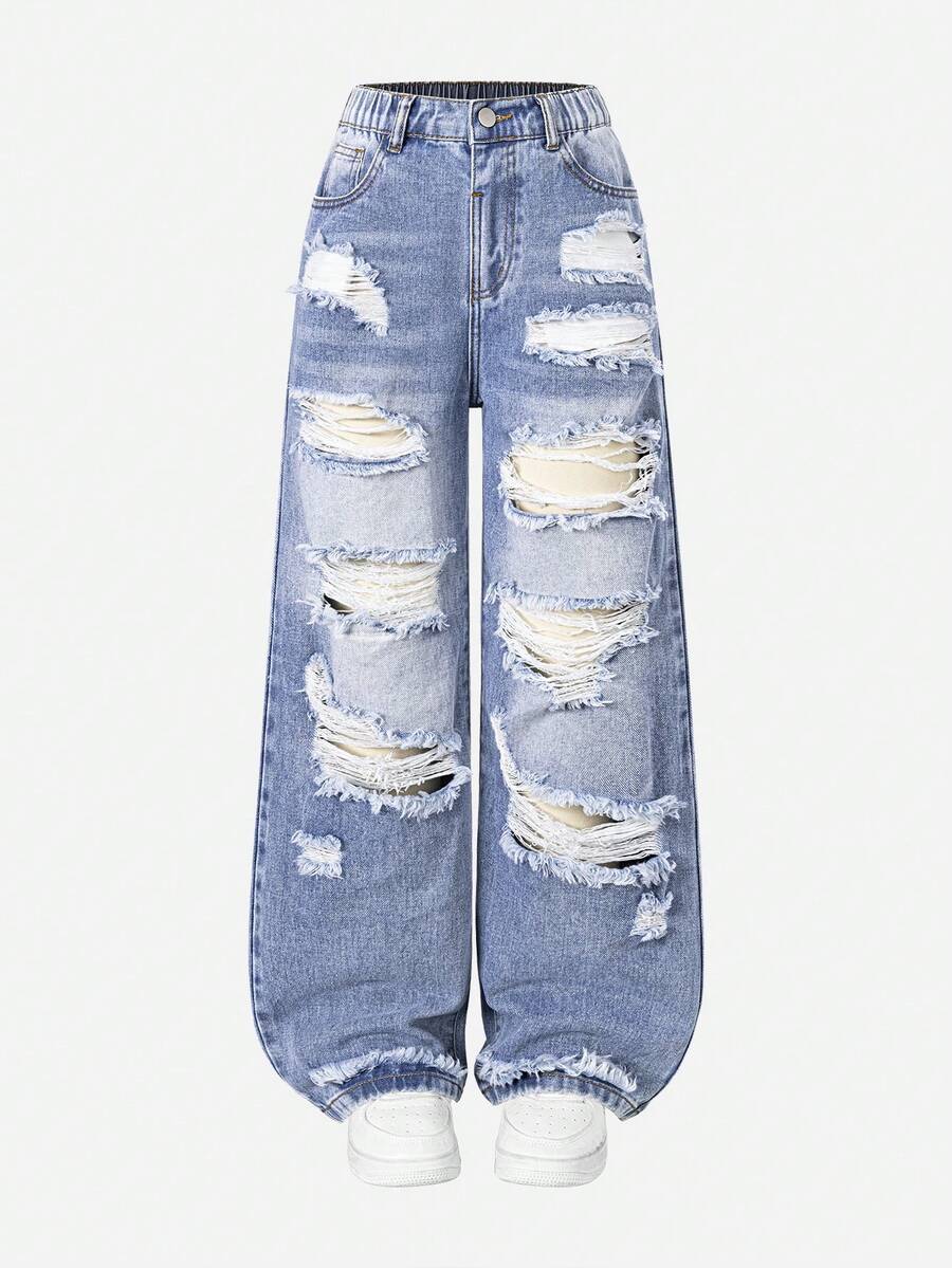 Quần jeans ống rộng denim màu xanh nhạt bạc màu, phong cách tối giản, thường ngày, thời trang dành cho bé gái tuổi teen. - Màu xanh lam - Xem 1