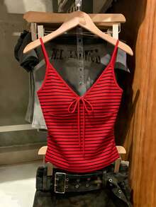 Franclia Women's Striped Knotted Design Casual Versatile Daily Wear Camisole Top, Spring/Summer - Red - View 1
