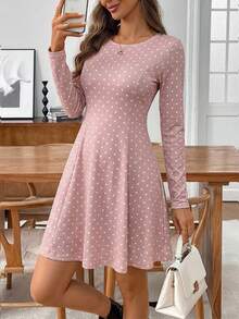 EMERY ROSE 女士休闲波点印花圆领长袖短款连衣裙，秋季 - 粉色 - 查看 7