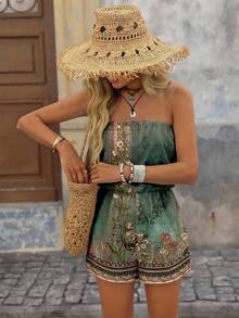 Brillora 女士杏色扎染波西米亚绿印花抹胸上衣短裤连体裤 - 优雅浪漫复古夏季海滩度假装，简约旅行穿搭，适合春假、热带海岛婚礼、周年纪念、伴娘派对、约会之夜、婚礼宾客、新娘送礼会、波西米亚音乐节及时尚夏季穿着 - 白色 - 查看 1