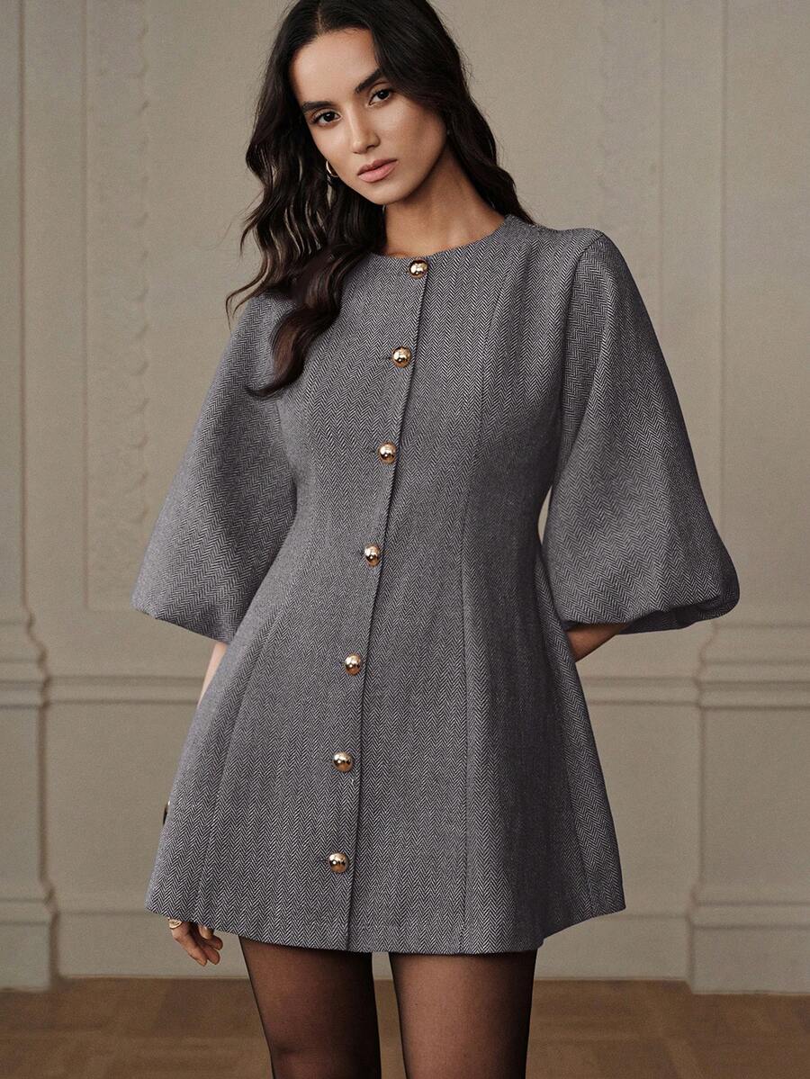 BELROSIE Women's Round Neck Single-Breasted Commuting Lantern Sleeve Dress - Grey - View 1